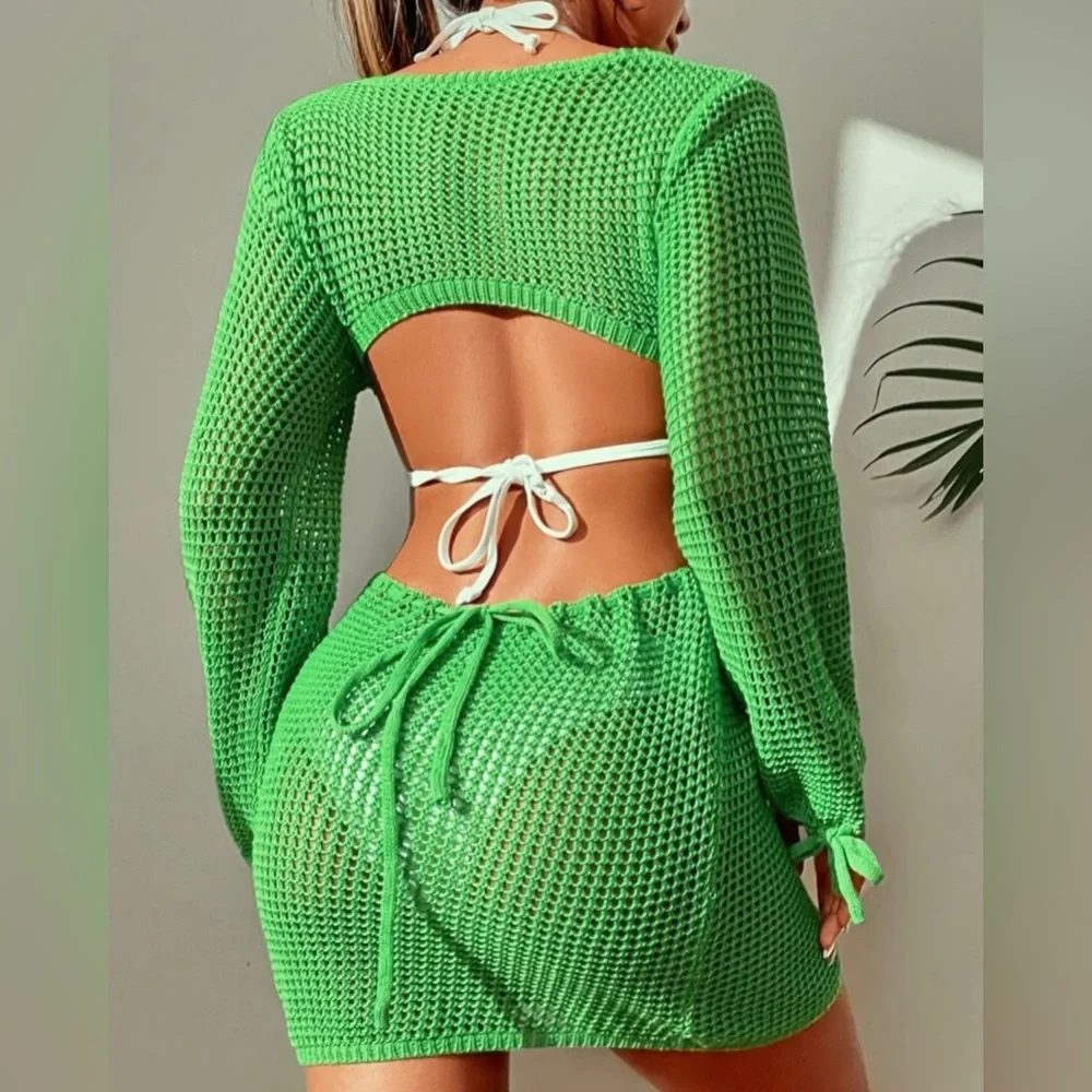 Beachwear Green Knitted Cover Up Dress - Picture 3 of 3